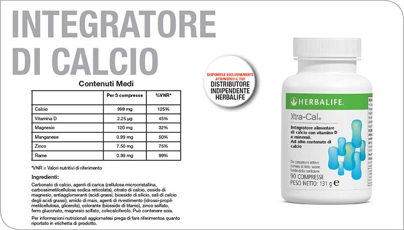 Xtra-Cal® herbalife è un integratore alimentare quotidiano formulato esclusivamente con Calcio e una miscela di altri minerali accuratamente selezionati come Magnesio, Rame, Manganese e Zinco. Xtra-Cal® contiene anche Vitamina D, che che contribuisce al normale assorbimento del Calcio. Inoltre, la Vitamina D contribuisce al mantenimento della normale funzione muscolare.