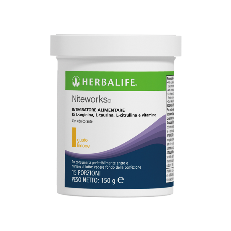 herbalife niteworks agisce mentre riposi integratore er il benessere cardiovascolare muscoli riposati Scientificamente formulato con L-arginina, L-citrullina, L-taurina e Acido folico, Niteworks® è un integratore che contiene anche una miscela di Vitamine C ed E, che contribuiscono alla protezione delle cellule dallo stress ossidativo. Formulato con estratto di melissa per un rinfrescante sapore di agrumi, questo esclusivo integratore in polvere può essere miscelato in acqua naturale o frizzante o succo.
