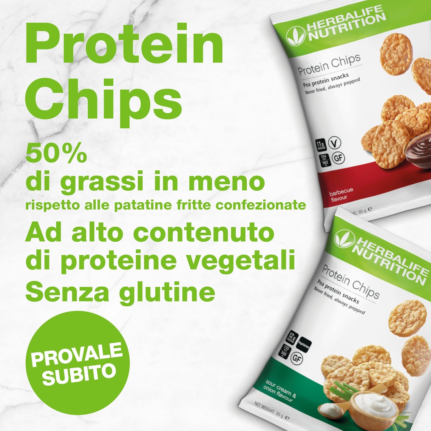 herbalife-chips-protein Migliora i tuoi spuntini con le Protein Chips. Mai fritto, sempre scoppiato, questo delizioso snack proteico combina la croccantezza con proteine di orgine vegetale di qualità. Saporite e croccanti, queste patatine contengono il 50% di grassi in meno rispetto alle patatine fritte. Ogni pacchetto è ricco di proteine ed è anche senza glutine.