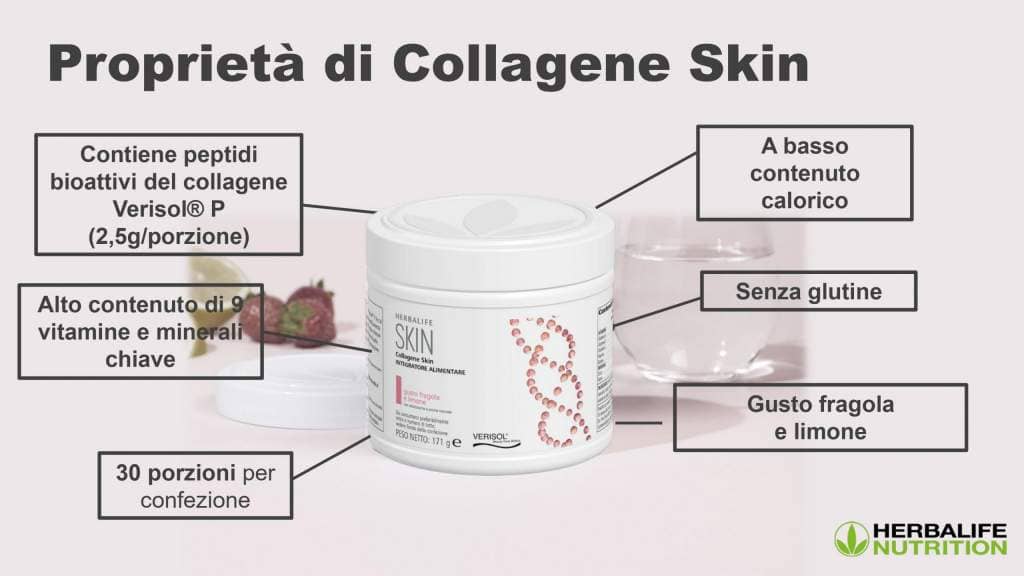 herbalife collagene skin Una miscela di scienza e gusto, Collagene Skin è sapientemente formulato utilizzando peptidi di collagene di alta qualità* chiamati VERISOL® P*, che aiutano a ridurre le rughe degli occhi e migliorare l'elasticità della pelle.