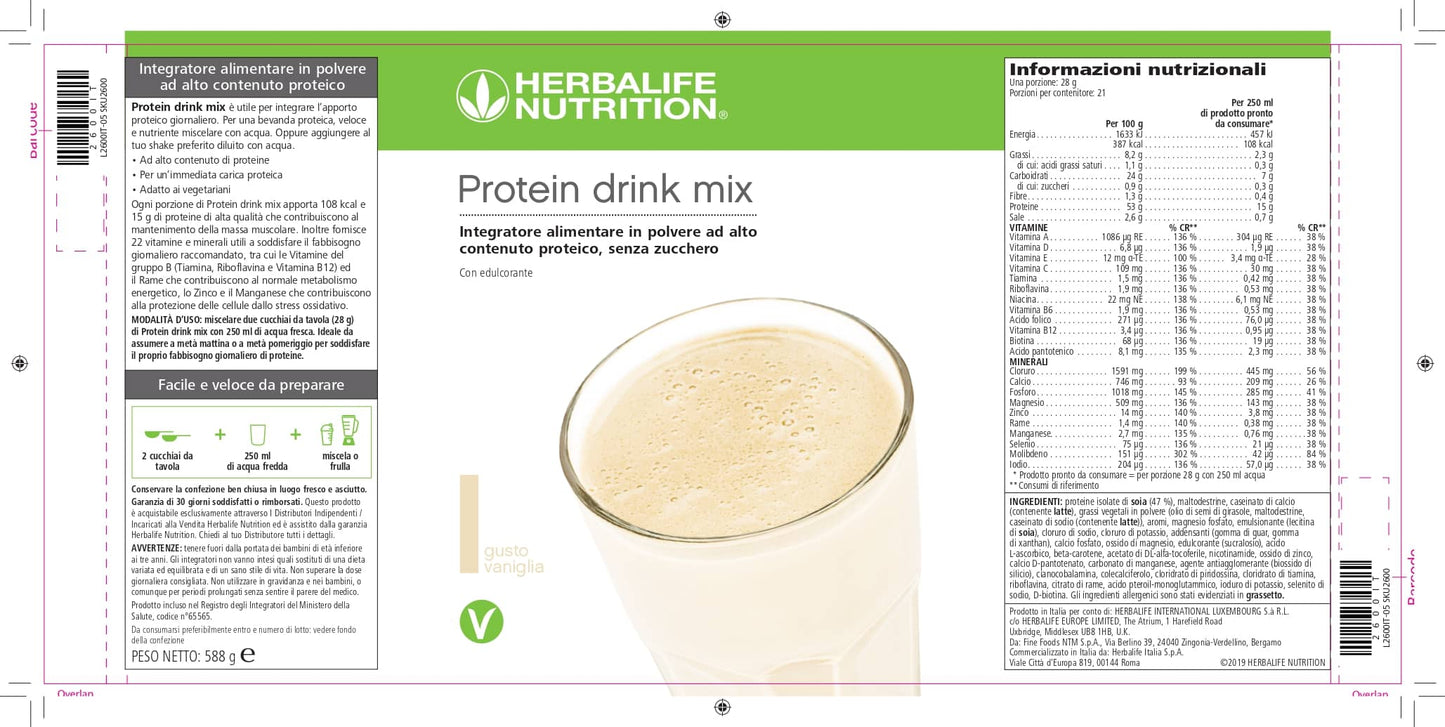 protein drink mix miscela per bevande proteiche Herbalife Gusta la miscela per bevande proteiche solo come spuntino ricco di proteine: ogni porzione contiene 15 grammi di proteine di qualità e 22 vitamine e minerali chiave. Oppure aggiungilo al tuo frullato preferito per un apporto proteico extra.