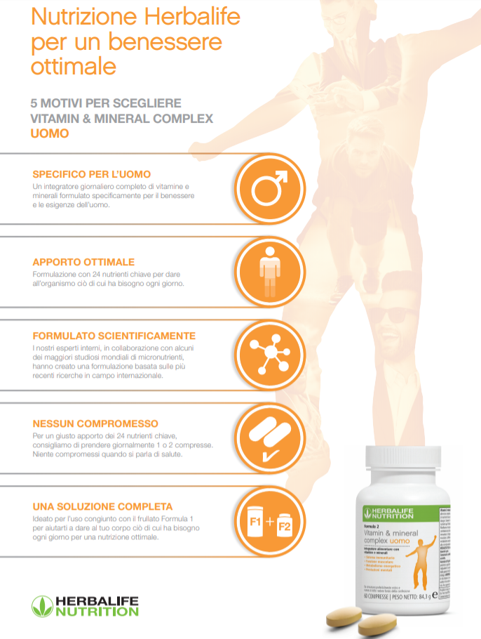 Herbalife integrazione minerali e vitamine uomo Un supporto nutrizionale a tutto tondo, Vitamin & Mineral Complex è sviluppato da esperti e supportato dalla scienza. Appositamente formulato per gli uomini, ogni compressa è progettata per fornire 24 micronutrienti chiave per supportare le esigenze del tuo corpo. Complesso vitaminico e minerale per Uomo