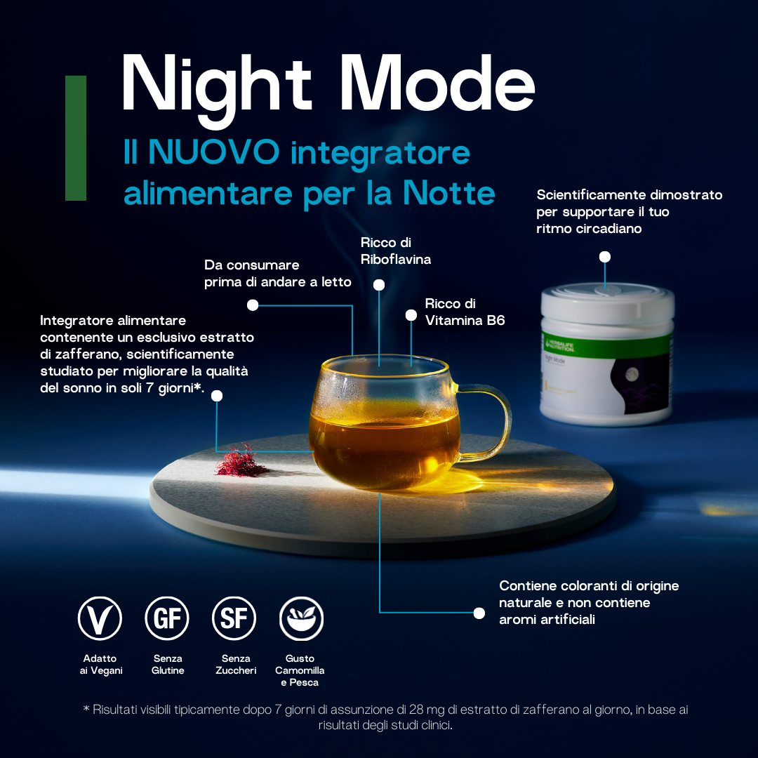 NIGHT MODE HERBALIFE DORMIRE BENE E SVEGLIARSI IN FORMA Goditi una serata rilassante con Night Mode, un integratore alimentare con un estratto di zafferano studiato scientificamente, creato per la tua routine notturna. Night Mode è sapientemente formulato con una miscela di vitamine accuratamente selezionate per contribuire alla normale funzione psicologica* e al normale funzionamento del sistema nervoso.