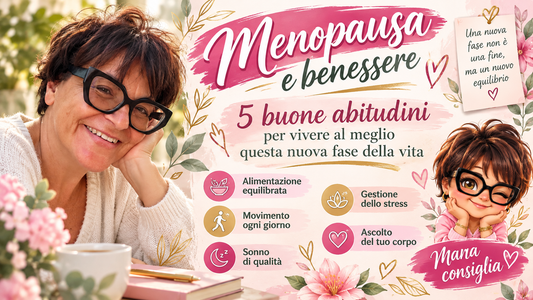 Mara, coach del benessere, sorridente accanto al suo Chibi “Mara consiglia”, nella copertina dell'articolo sulla menopausa e le 5 buone abitudini per il benessere femminile.