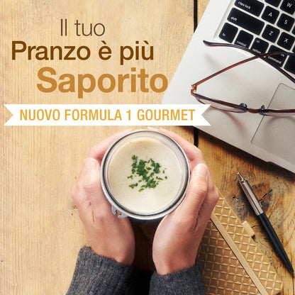 HERBALIFE DIETA DIMAGRIRE SOSTITUENDO I PASTI Tutti i benefici della Formula 1 Sostituto del pasto in una gustosa versione calda e deliziosa al sapore di funghi ed erbe. Ogni porzione del Formula 1 Gourmet contiene 17 grammi* di proteine ​​vegetali di alta qualità e 25 vitamine e minerali chiave. Fonte di fibre e formulata con ingredienti di origine vegana, questa miscela esclusiva è anche priva di glutine e non contiene zuccheri aggiunti, coloranti artificiali o dolcificanti.