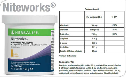 herbalife niteworks agisce mentre riposi integratore er il benessere cardiovascolare muscoli riposati Scientificamente formulato con L-arginina, L-citrullina, L-taurina e Acido folico, Niteworks® è un integratore che contiene anche una miscela di Vitamine C ed E, che contribuiscono alla protezione delle cellule dallo stress ossidativo.  Formulato con estratto di melissa per un rinfrescante sapore di agrumi, questo esclusivo integratore in polvere può essere miscelato in acqua naturale o frizzante o succo.