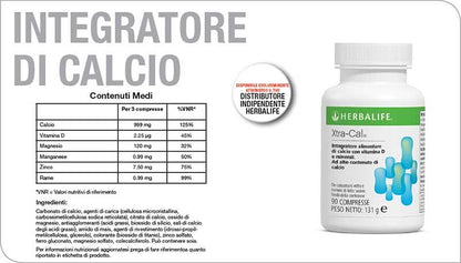 Xtra-Cal®  herbalife è un integratore alimentare quotidiano formulato esclusivamente con Calcio e una miscela di altri minerali accuratamente selezionati come Magnesio, Rame, Manganese e Zinco. Xtra-Cal® contiene anche Vitamina D, che che contribuisce al normale assorbimento del Calcio. Inoltre, la Vitamina D contribuisce al mantenimento della normale funzione muscolare.