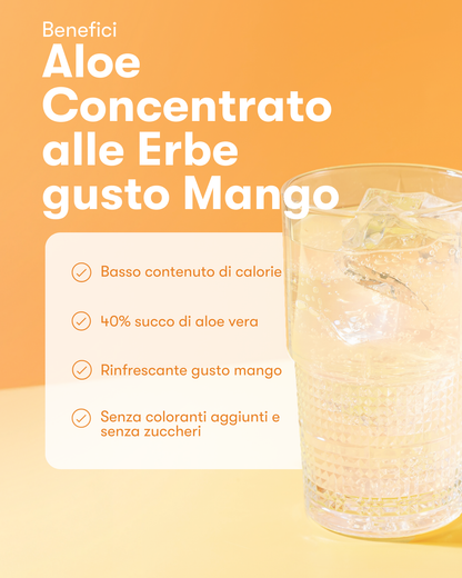 
Dona all’acqua un tocco delizioso con l’Aloe Concentrato alle Erbe. Questa bevanda dal sapore delicato è a basso contenuto calorico, ricca di succo di Aloe vera di alta qualità e appositamente progettata per aiutarti a soddisfare le tue esigenze di idratazione.

L’Aloe Concentrato alle Erbe contiene il 40% di succo di Aloe vera spremuto a freddo e ricavato dall'intera foglia di aloe. Le foglie di Aloe vera vengono raccolte a mano e preparate per offrirti un prodotto di alta qualità.

