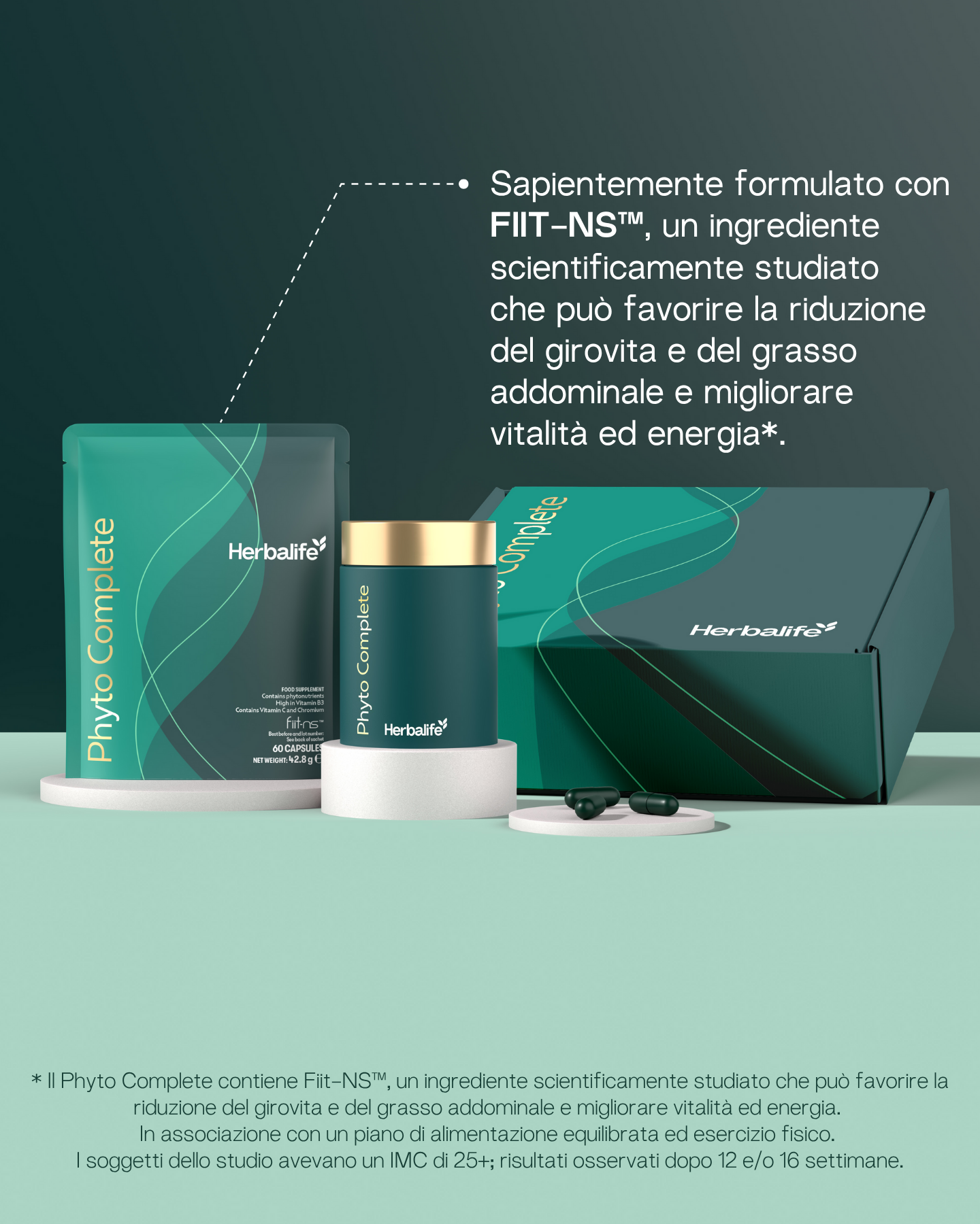 Phyto Complete:

·       È disponibile in un comodo sachet
·       È formulato con Fiit-NS™
·       È ricco di fitonutrienti
·       È adatto ai vegani
·       Contiene Vitamine C e B3 (Niacina) contribuiscono al normale metabolismo energetico e alla riduzione della stanchezza e dell'affaticamento
·       Contiene caffeina naturale derivata dal guaranà
·       Contiene Cromo che contribuisce al il normale metabolismo dei macronutrienti e al mantenimento di livelli normali di glucosio nel sangue
       Conti