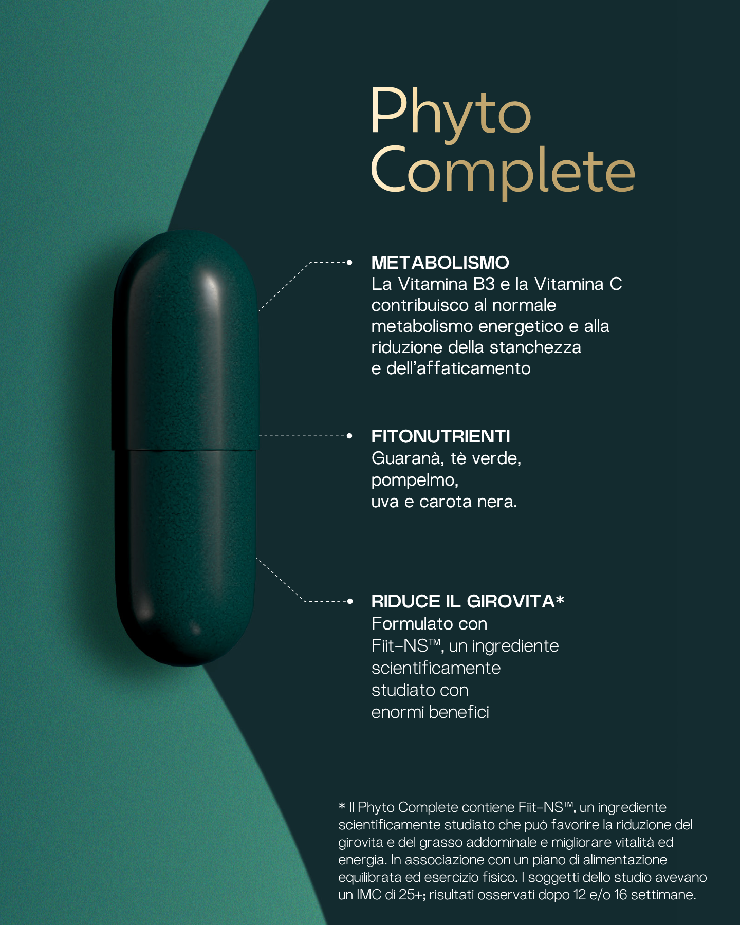 Phyto Complete:

·       È disponibile in un comodo sachet
·       È formulato con Fiit-NS™
·       È ricco di fitonutrienti
·       È adatto ai vegani
·       Contiene Vitamine C e B3 (Niacina) contribuiscono al normale metabolismo energetico e alla riduzione della stanchezza e dell'affaticamento
·       Contiene caffeina naturale derivata dal guaranà
·       Contiene Cromo che contribuisce al il normale metabolismo dei macronutrienti e al mantenimento di livelli normali di glucosio nel sangue
       Conti