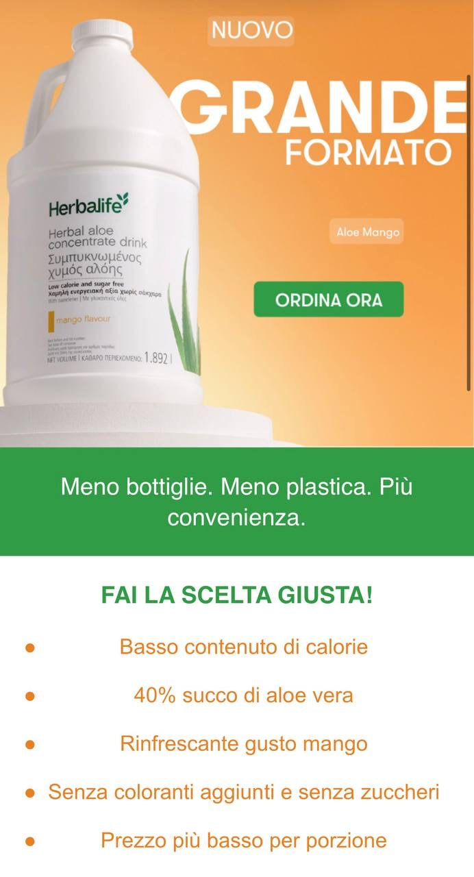 Aloe Concentrato alle erbe gusto mango da 2 litri Herbalife, senza zuccheri aggiunti, senza coloranti aggiunti, lenitivo, antinfiammatorio,Proprietà principali
Contiene il 40% di succo di Aloe vera pressato a freddo derivato dall'intera foglia
A basso contenuto calorico: solo 2 kcal per porzione
Adatto a vegani e vegetariani
Senza coloranti artificiali
Senza zucchero
Contiene 126 porzioni