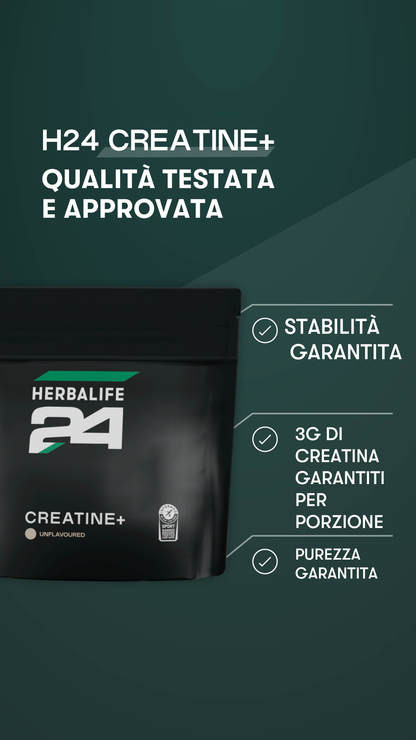 H24 CREATINE+ INDICAZIONI PRINCIPALI
• Migliora le performance sportive: l'assunzione giornaliera di 3 g di Creatina è ideale in caso di attività ripetitive, di elevata intensità e di breve durata, poiché contribuisce a incrementare le prestazioni fisiche.
• Con Calcio e Vitamine del gruppo B: il Calcio e le Vitamine del gruppo B (Vitamine Bó e B12, Niacina, Riboflavina, Tiamina e Acido pantotenico) contribuiscono al normale metabolismo energetico. Il Calcio contribuisce anche alla normale funzione muscolar
