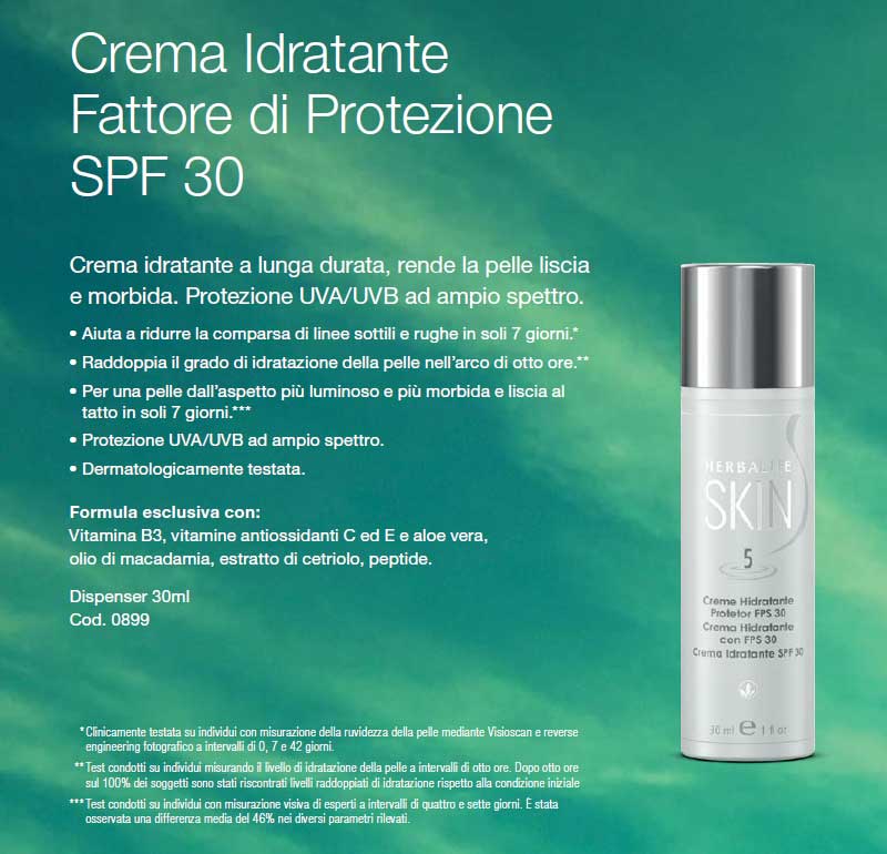 Herbalife.crema antirughe skin fattore protettivo 30 sole-Creata per idratare e proteggere la pelle dai dannisi raggi UV, questa crema idratante multitasking è un'aggiunta indispensabile alla tua routine quotidiana. Formulata con una miscela delicata di vitamine, Aloe vera e olio di macadamia, la Crema Idratante SPF 30 lascia la pelle liscia e morbida fornendo anche una protezione UVA/UVB ad ampio spettro contro i raggi dannosi del sole