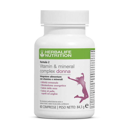 Herbalife formula2 vitamine e minerali Un supporto nutrizionale a tutto tondo, Vitamin & Mineral Complex è sviluppato da esperti e supportato dalla scienza. Formulato appositamente per le donne, ogni compressa è progettata per fornire 24 micronutrienti chiave per supportare le esigenze del tuo corpo. Vitamin & Mineral Complex Donna