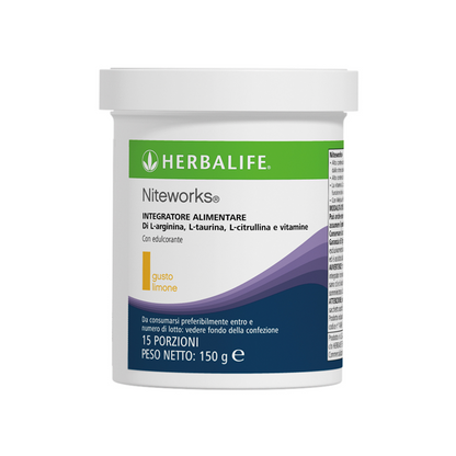 herbalife niteworks agisce mentre riposi integratore er il benessere cardiovascolare muscoli riposati Scientificamente formulato con L-arginina, L-citrullina, L-taurina e Acido folico, Niteworks® è un integratore che contiene anche una miscela di Vitamine C ed E, che contribuiscono alla protezione delle cellule dallo stress ossidativo.  Formulato con estratto di melissa per un rinfrescante sapore di agrumi, questo esclusivo integratore in polvere può essere miscelato in acqua naturale o frizzante o succo.