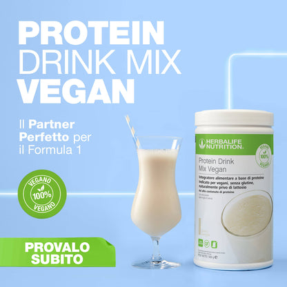 Herbalife Protein Drink Mix Vegan è 100% vegano, ricco di proteine, senza glutine, senza zuccheri, senza lattosio e ultra cremoso. Gustalo solo come spuntino ricco di proteine: ogni porzione da due misurini contiene 15 grammi di proteine ​​di qualità e 22 vitamine e minerali chiave. Oppure aggiungilo al tuo frullato Formula 1 preferito per un apporto proteico extra.