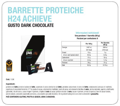 Le Barrette Proteiche H24 Achieve sono ideali nel post-allenamento e contengono 21 grammi di proteine per barretta, senza aromi e coloranti artificiali! Inoltre è un prodotto vegetariano, disponibile nel gusto Dark Chocolate ·     	21 g di proteine per barretta ·     	A basso contenuto di zuccheri ·     	Certificazione Informed-Sport ·     	Senza coloranti o aromi artificiali ·     	Ricco gusto Dark Chocolate ·     	Prodotto vegetariano