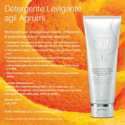 Herbalife detergente levigante agli agrumi con perle di jojoba Il Detergente Levigante agli Agrumi è formulato con Vitamina B3, vitamine antiossidanti C ed E e Aloe vera. Questo detergente tonificante non contiene parabeni o solfati aggiunti, può essere utilizzato quotidianamente e produrre una schiuma delicata. Il Detergente Levigante agli Agrumi è delicatamente profumato con note rinfrescanti di arancia e pompelmo