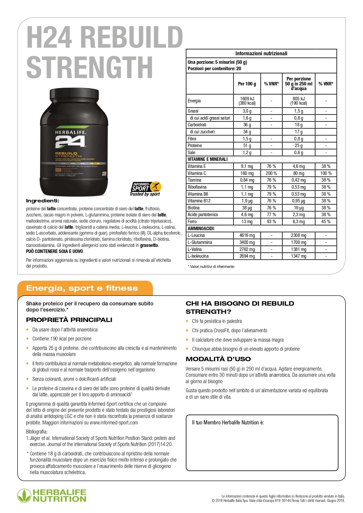 Supporta il tuo recupero post-allenamento* con Rebuild Strenght.

Rebuild Strenght è una bevanda il recupero post-allenamento* a base di carboidrati e proteine, sviluppato appositamente per gli atleti. Formulato con l'aggiunta di L-glutammina e aminoacidi ramificati (BCAA), questo integratore alimentare unico contiene carboidrati che contribuiscono al recupero* dopo l'esercizio anaerobico.
Rebuild Strenght è formulato con proteine del siero di latte di alta qualità e fornisce 25 grammi di proteine per porzi