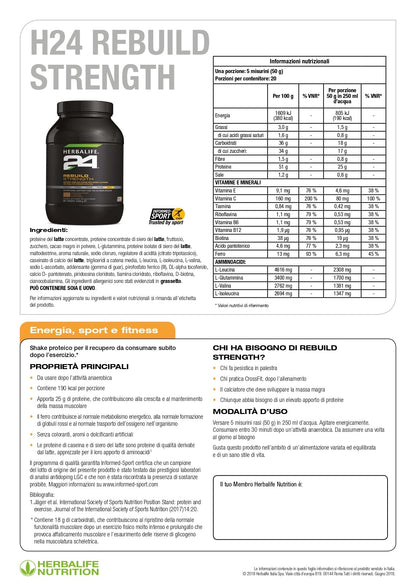 Supporta il tuo recupero post-allenamento* con Rebuild Strenght.

Rebuild Strenght è una bevanda il recupero post-allenamento* a base di carboidrati e proteine, sviluppato appositamente per gli atleti. Formulato con l'aggiunta di L-glutammina e aminoacidi ramificati (BCAA), questo integratore alimentare unico contiene carboidrati che contribuiscono al recupero* dopo l'esercizio anaerobico.
Rebuild Strenght è formulato con proteine del siero di latte di alta qualità e fornisce 25 grammi di proteine per porzi