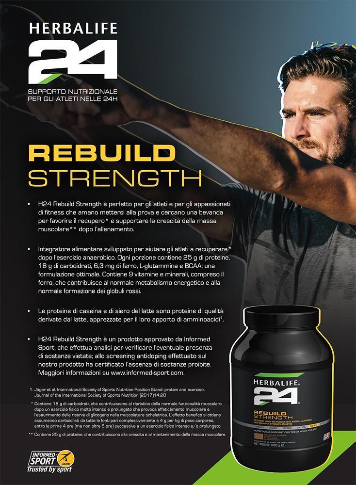 Supporta il tuo recupero post-allenamento* con Rebuild Strenght.

Rebuild Strenght è una bevanda il recupero post-allenamento* a base di carboidrati e proteine, sviluppato appositamente per gli atleti. Formulato con l'aggiunta di L-glutammina e aminoacidi ramificati (BCAA), questo integratore alimentare unico contiene carboidrati che contribuiscono al recupero* dopo l'esercizio anaerobico.
Rebuild Strenght è formulato con proteine del siero di latte di alta qualità e fornisce 25 grammi di proteine per porzi