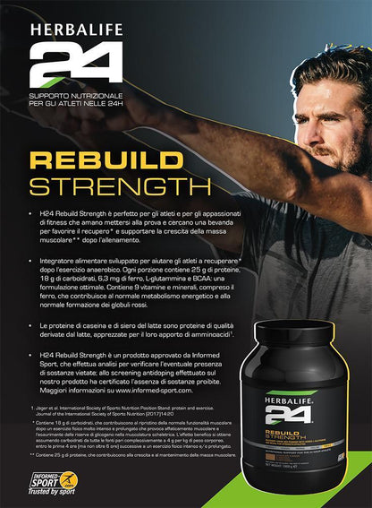 Supporta il tuo recupero post-allenamento* con Rebuild Strenght.

Rebuild Strenght è una bevanda il recupero post-allenamento* a base di carboidrati e proteine, sviluppato appositamente per gli atleti. Formulato con l'aggiunta di L-glutammina e aminoacidi ramificati (BCAA), questo integratore alimentare unico contiene carboidrati che contribuiscono al recupero* dopo l'esercizio anaerobico.
Rebuild Strenght è formulato con proteine del siero di latte di alta qualità e fornisce 25 grammi di proteine per porzi